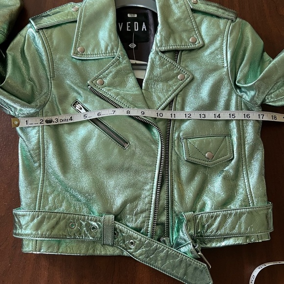 VEDA Women's Light Green Metallic 100% Genuine Lamb Leather Moto Jacket NEW - Picture 7 of 9